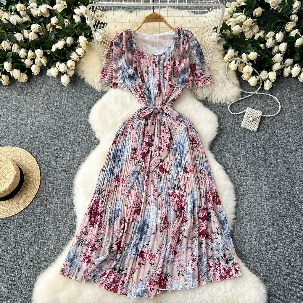 Retro Floral Chiffon Midi Dress With Ruffle Details