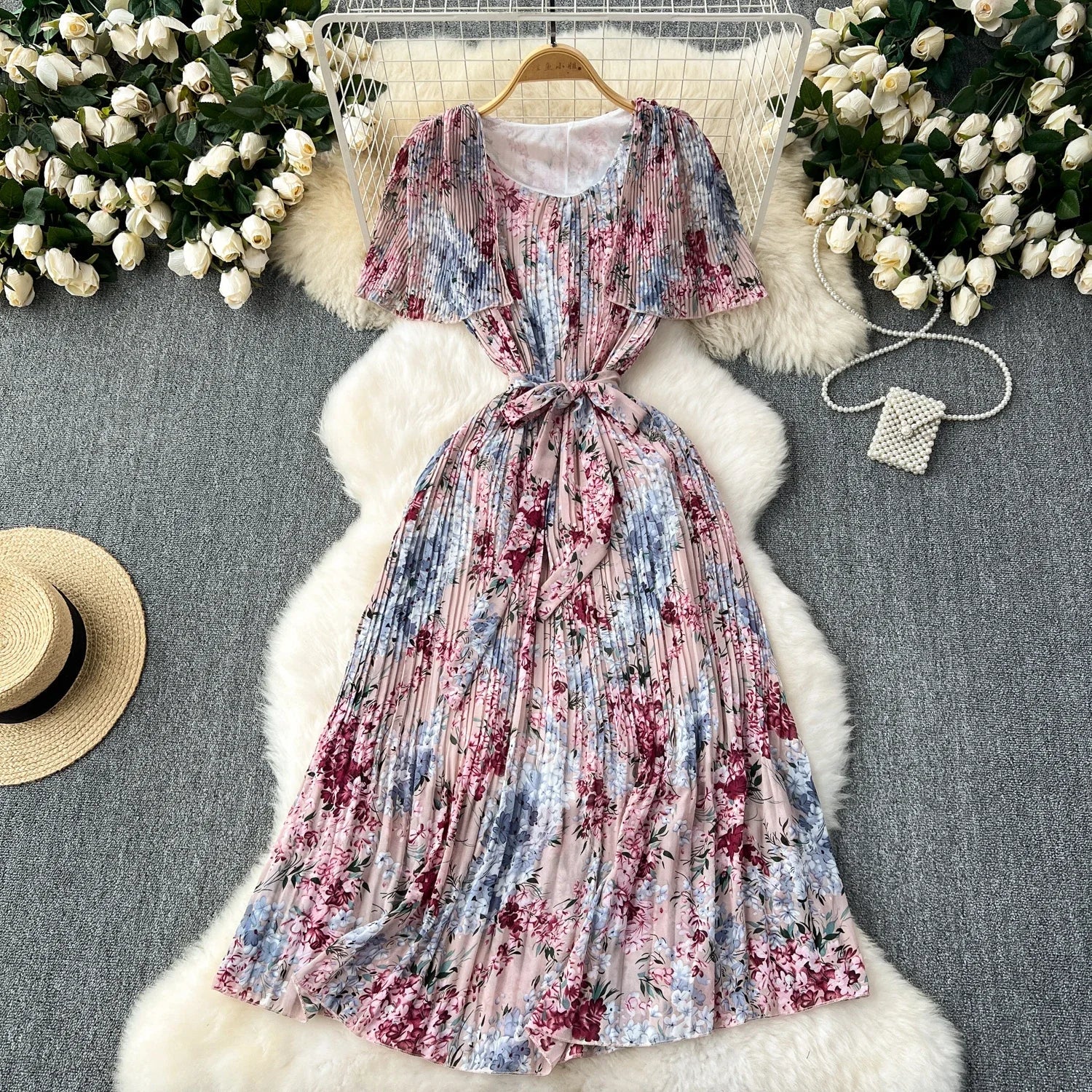 Retro Floral Chiffon Midi Dress With Ruffle Details