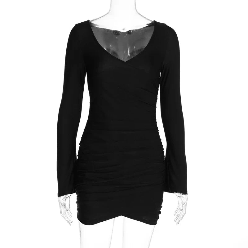 Black Ruched Bodycon Dress V Neck Long Flare Sleeve