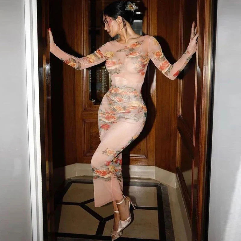 Sheer Mesh Floral Maxi Dress Long Sleeve Beachwear