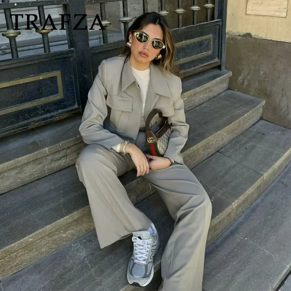 Casual Women Solid Suit Set with Pockets Turn Down Collar Short Jacket and Chic Wide Leg Pants for Spring and Summer Streetwear