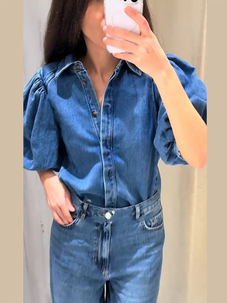 Street Denim Women's Puff Sleeve Shirt Solid Color Single Breasted Pleated Blouse Casual Half Sleeve Top for Spring and Summer