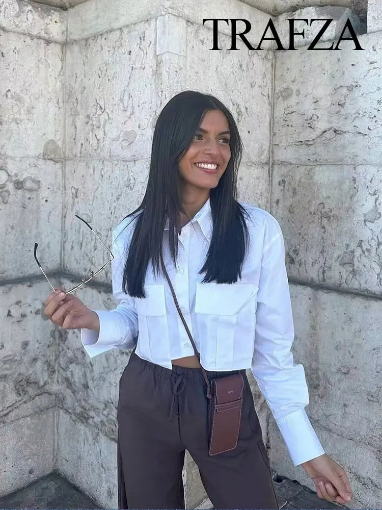 Multicolor Women's Pocket Shirt Chic Single Breasted Long Sleeve Lapel Casual Top Elegant Fashion Blouse