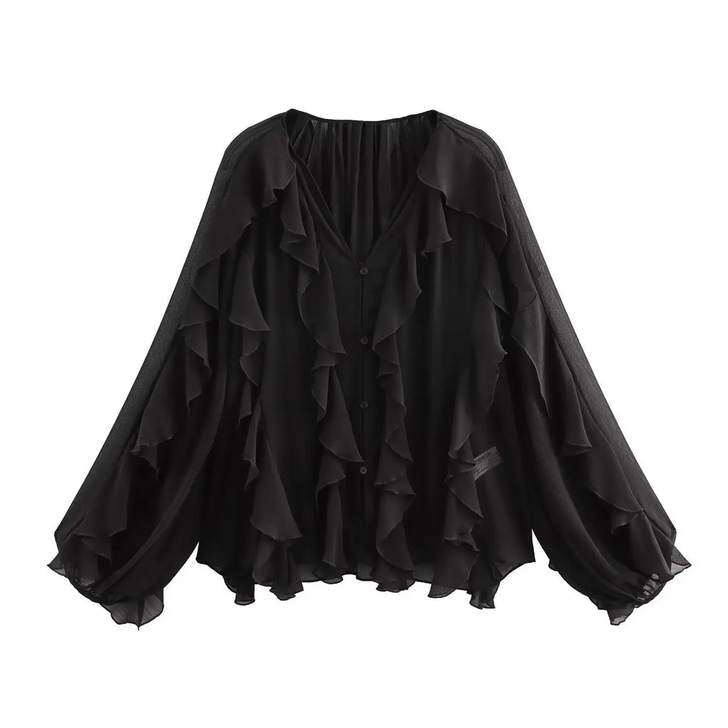 Sexy Women Translucent Ruffle Blouse V Neck Single Breasted Tiered Casual Top Beach Style Solid Shirt