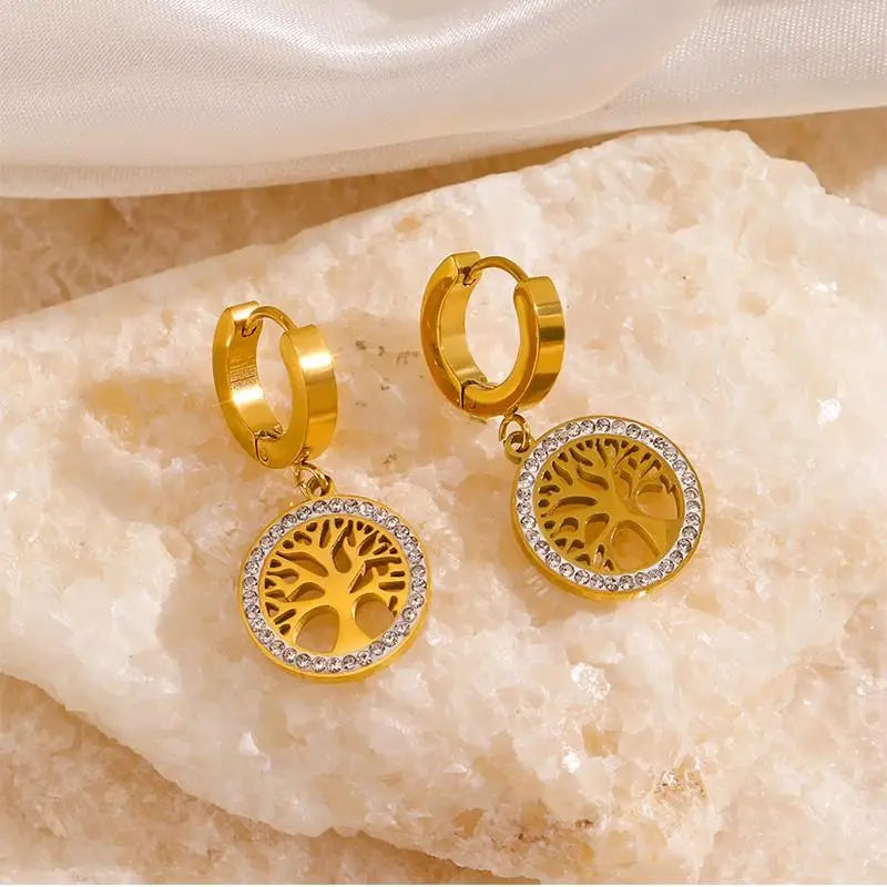 Trendy Titanium Stainless Steel Bohemia Hoop Earrings with CZ Crystal Tree Design for Women and Girls