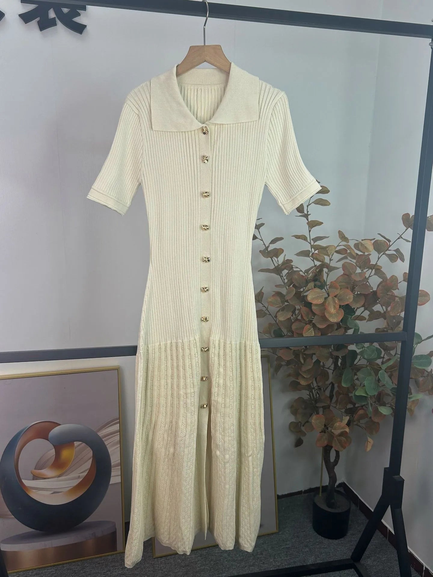 Green Knitted Long Dress With Lapel Puff Sleeves For Women