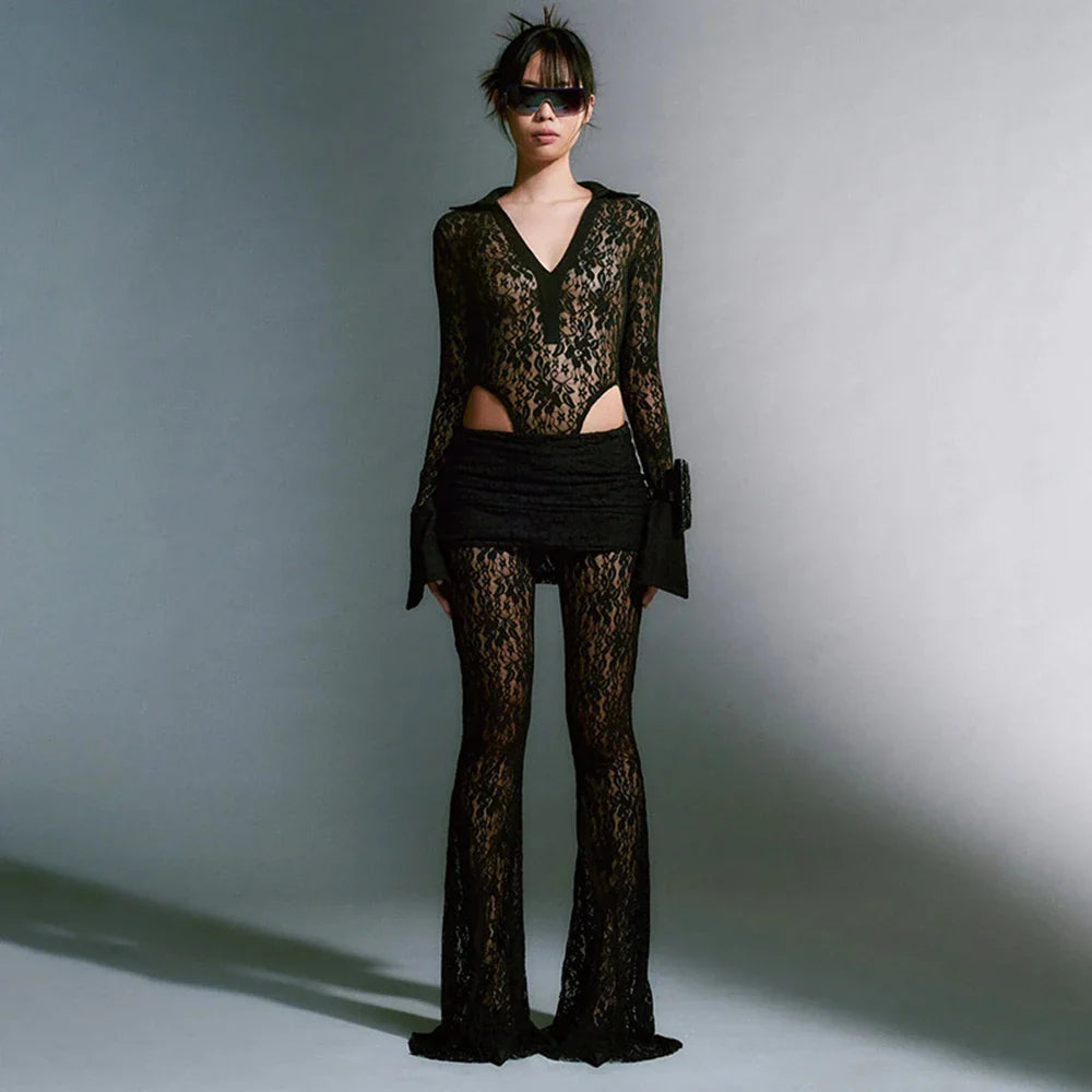 Sexy Lace Patchwork Deep V Long Sleeved Top and Slim Fit High Waisted Flared Pants Women's Set