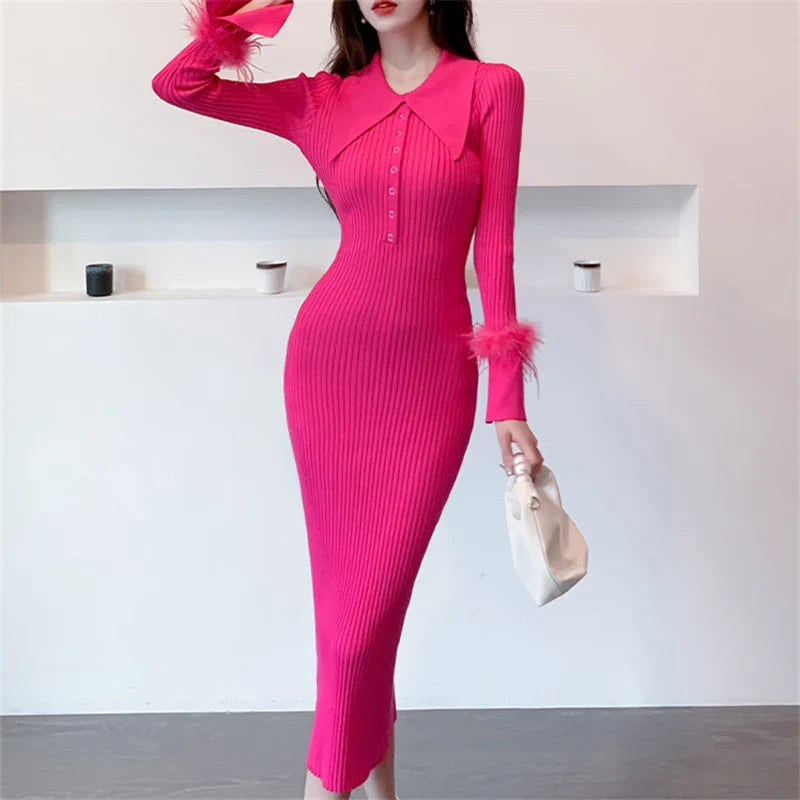 Polo Collar Wrap Knit Dress for Women Long Sleeve Bodycon