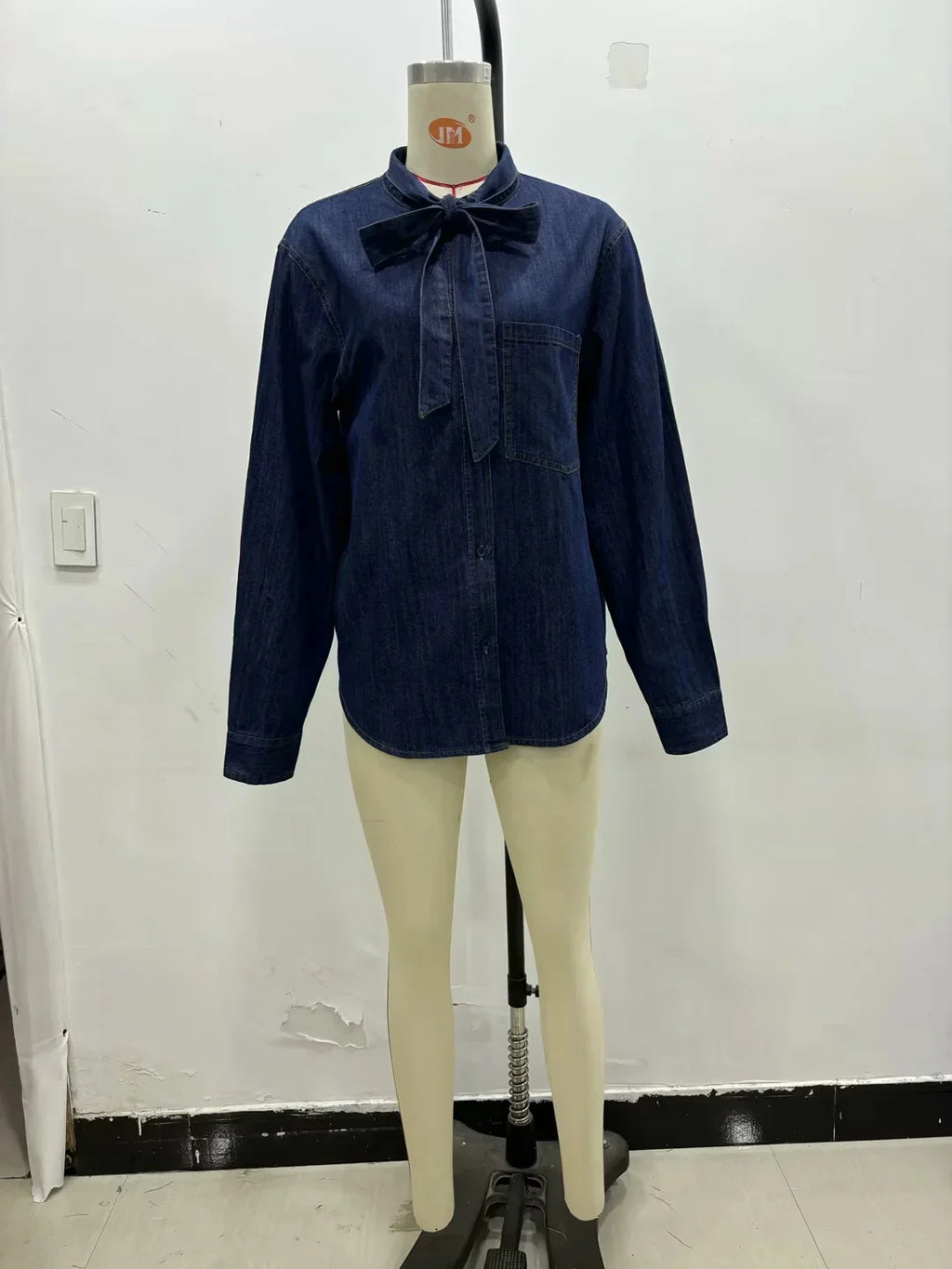 Women's Elegant Denim Shirt with Bowtie Single Breasted Casual Streetwear Autumn Winter Fashion Solid Button-Up