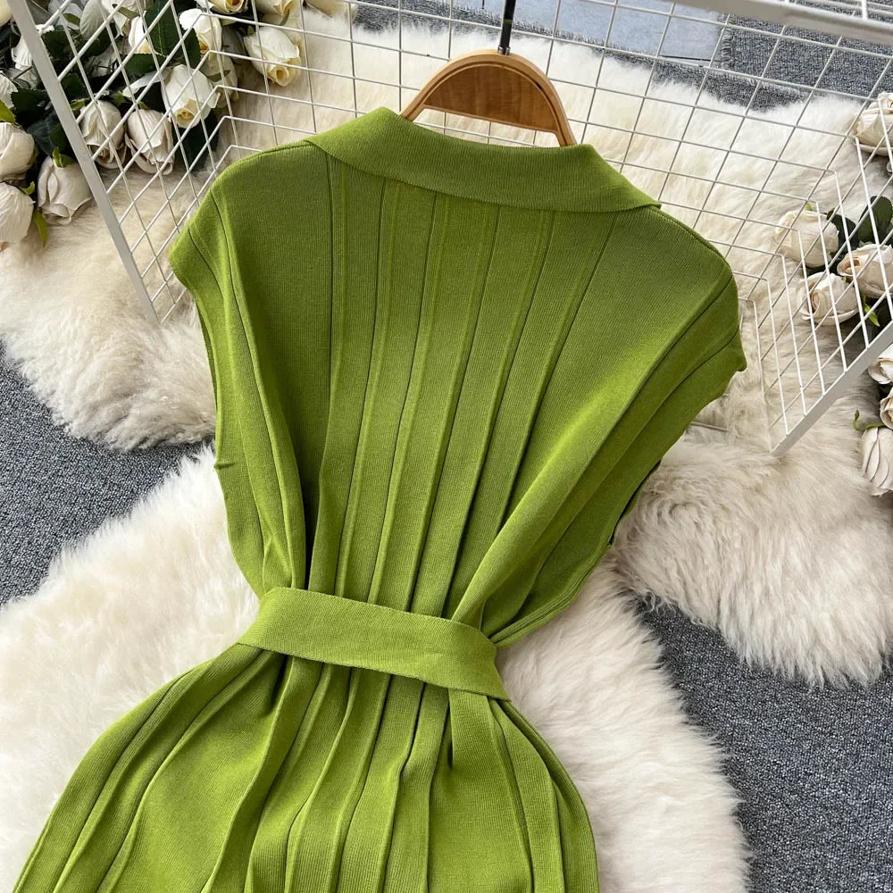 Solid Pleated Knitted Dress For Women Loose Fit Maxi