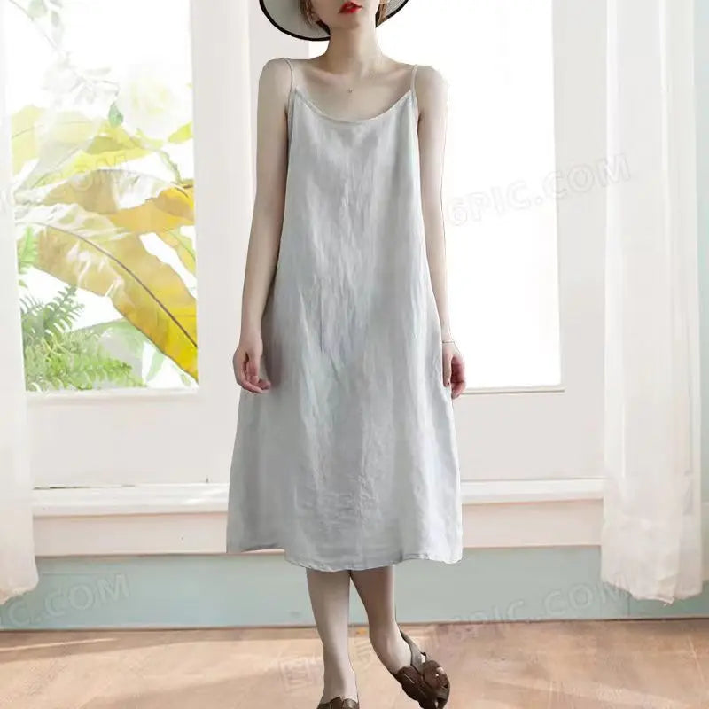 Cotton Linen Beach Dress Women Sleeveless A Line Summer