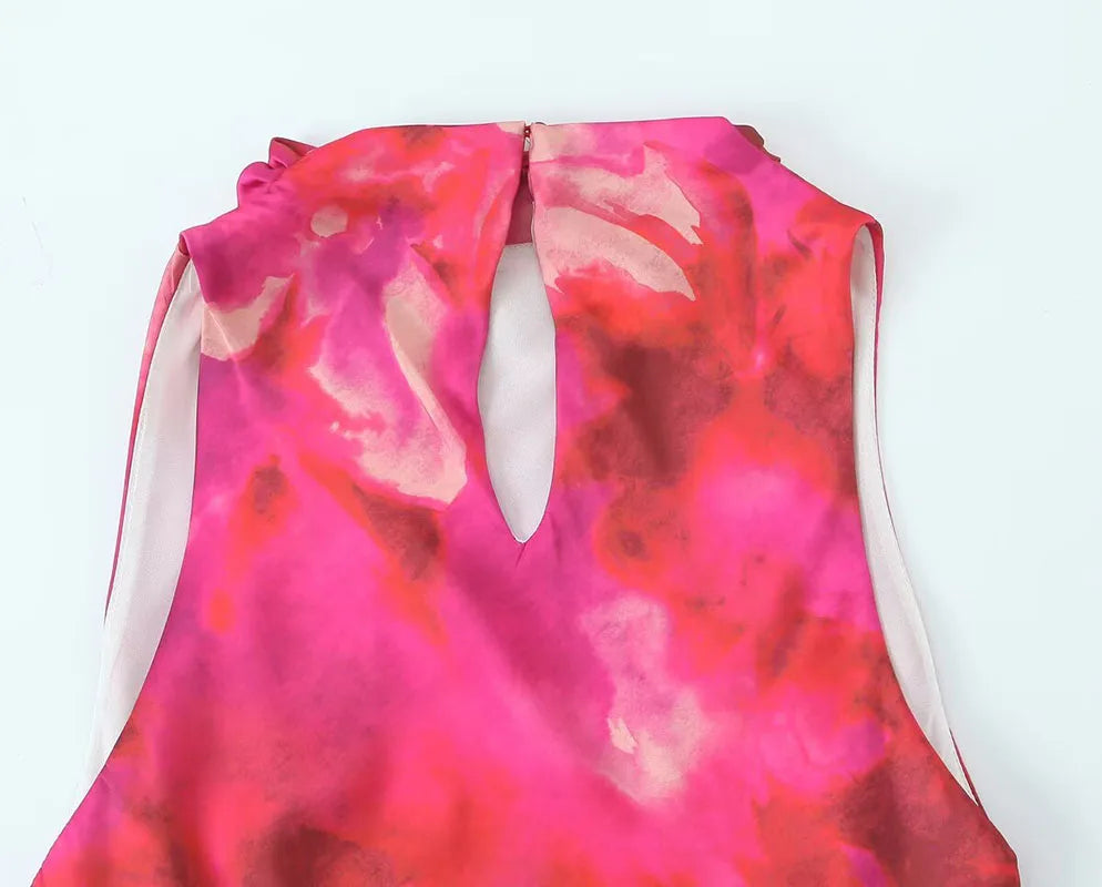 Printed Satin Midi Dress Women Sleeveless Back Button