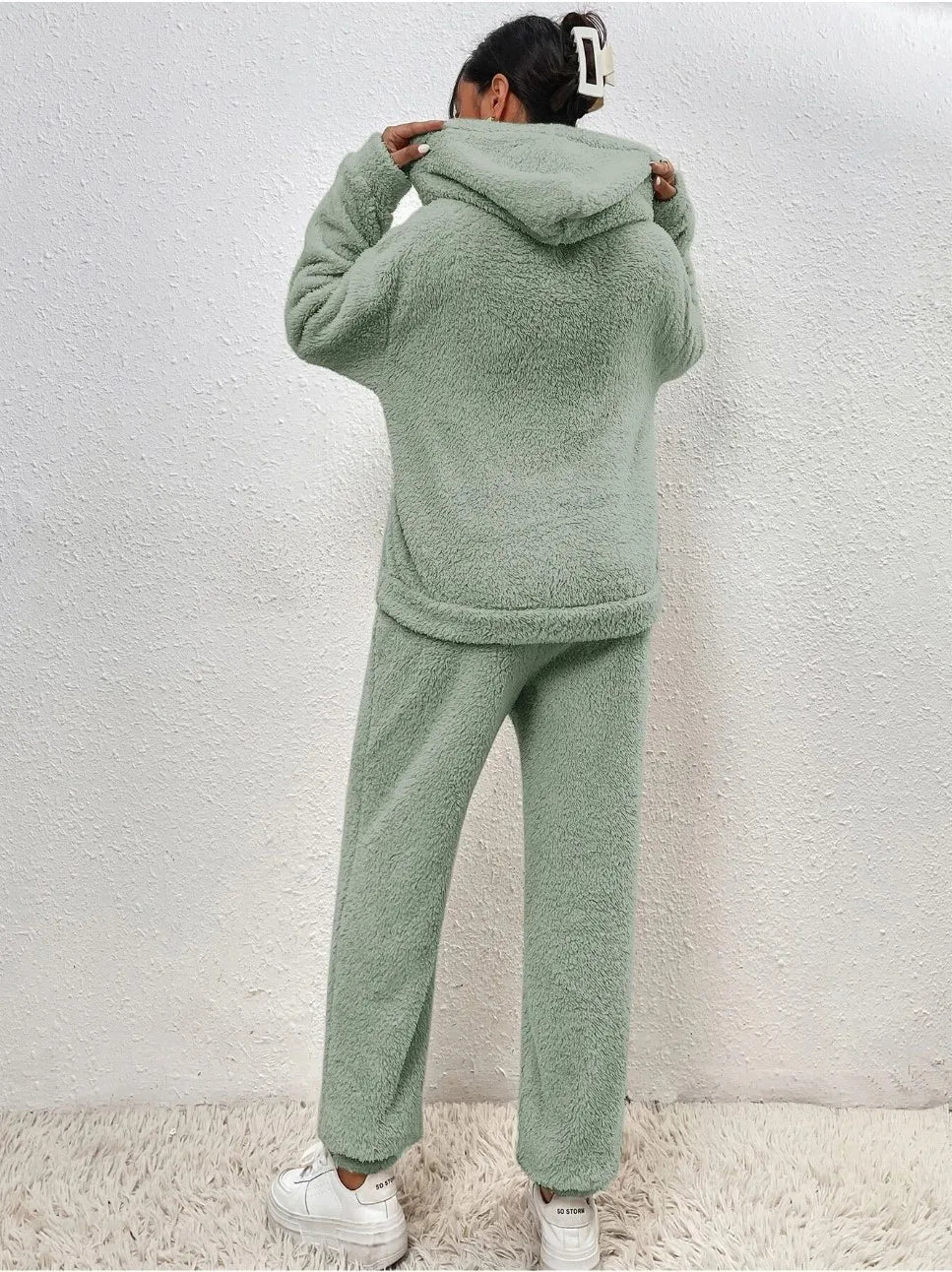 Cozy Autumn Winter Women's Casual Hooded Sweatshirt and Plush Leg Pants Two-Piece Set Warm Furry Trousers Outfit