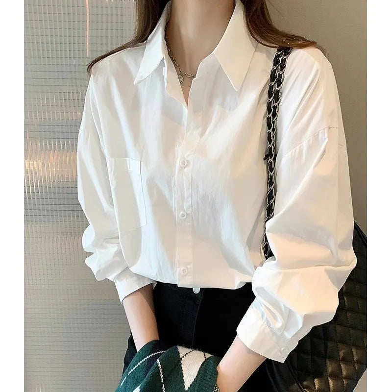 White Long Sleeve Blouse for Women Casual Loose Fit Office Shirt Simple Elegant Workwear Top