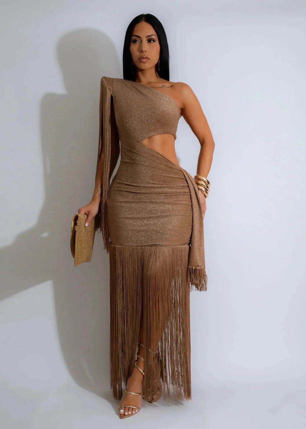 One Shoulder Diagonal Fringe Maxi Dress With Tassels
