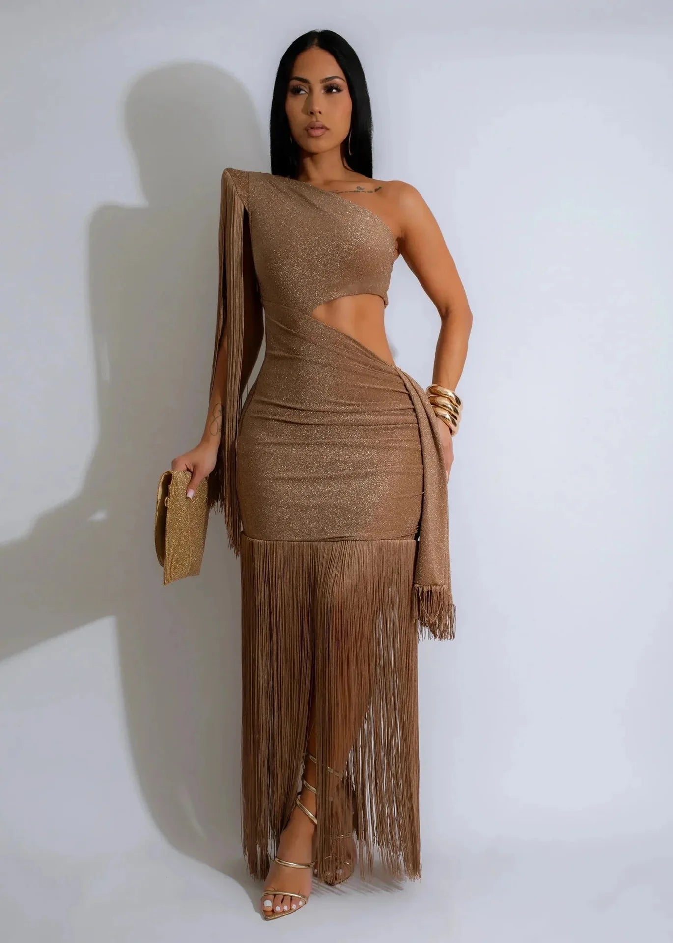 One Shoulder Diagonal Fringe Maxi Dress With Tassels