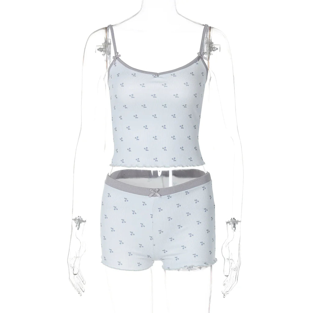 Cherry Print Two-Piece Matching Set with Slim Crop Camisole Top and Bow-Accent Shorts Summer Casual Festival and Workout Outfit for Women