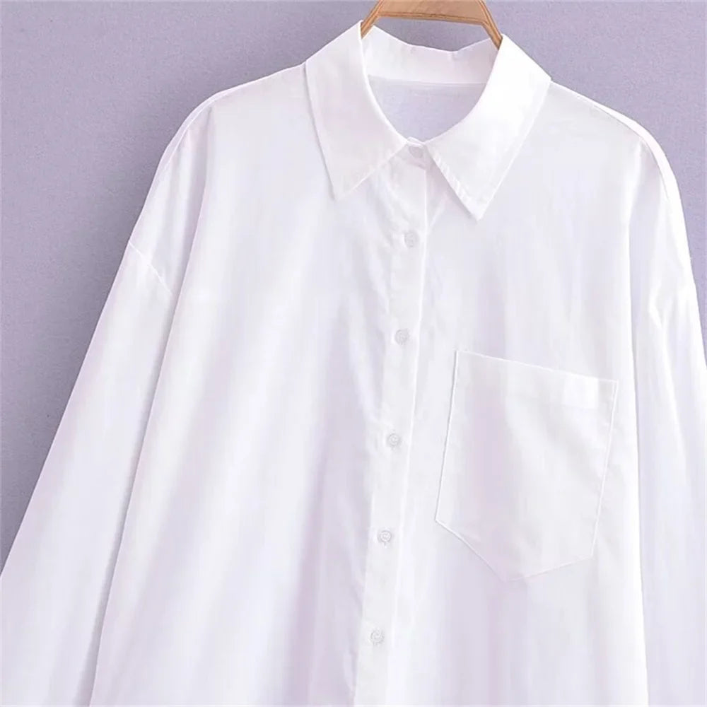 Women's White Pure Linen Long Sleeve Shirt with Pocket Detail Loose Fit Slimming Design