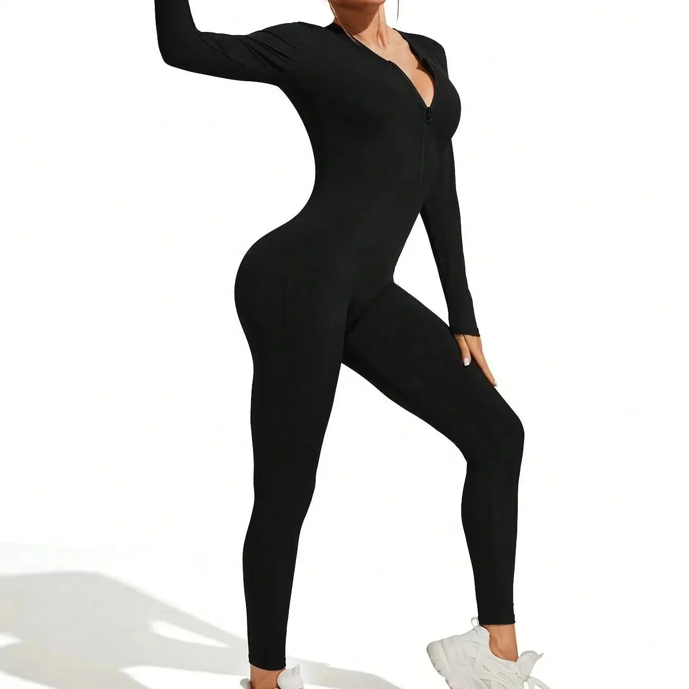 Sexy Ribbed Long Sleeve Zipper Bodysuit for Women Solid Color Bodycon Sporty Romper Jumpsuit