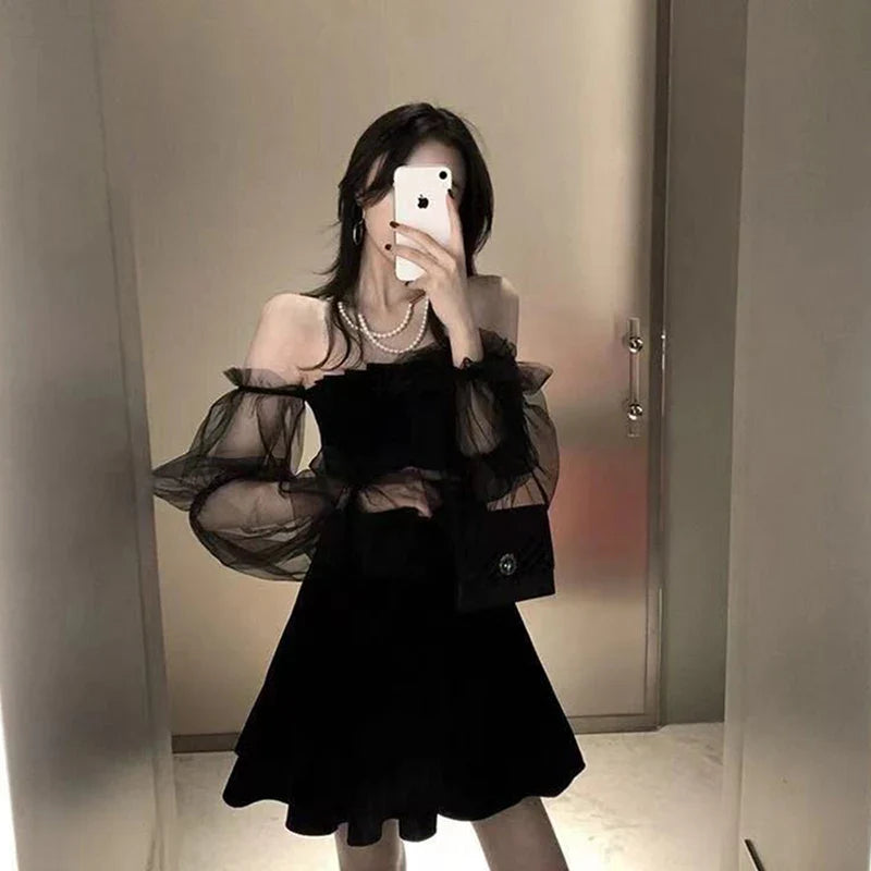 Black Tulle Off Shoulder Mini Dress Korean Style Chic