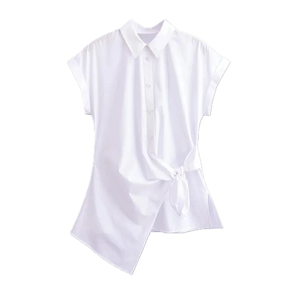 Asymmetric Poplin Shirt for Women with Front Knot Ties Short Sleeve Button-Up Chic Blouse Top