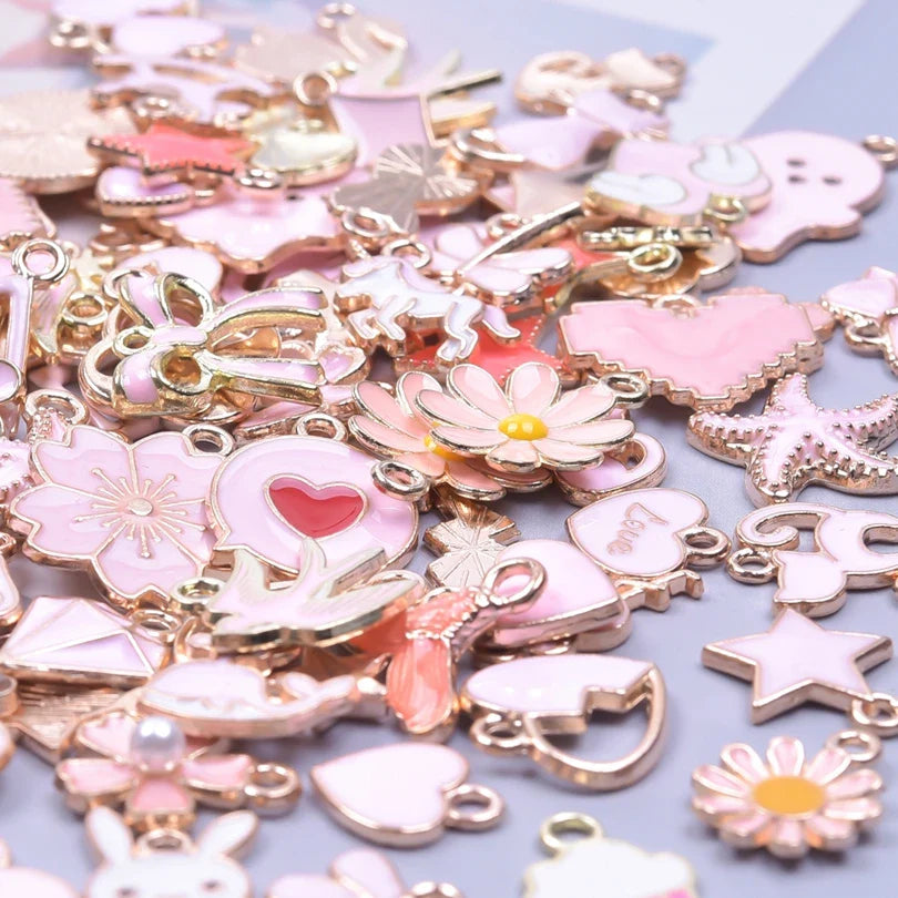 50 Pieces Mixed Style Pink Drip Oil Charms Animal Heart Flower Moon Pendants for DIY Jewelry Making