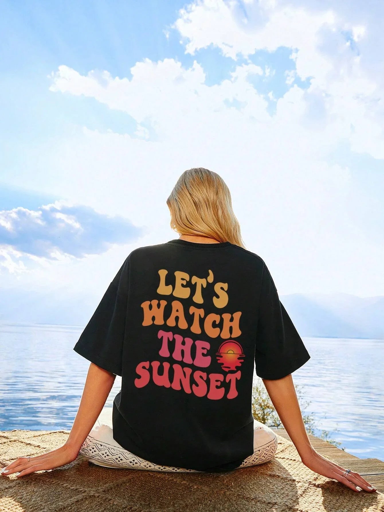 Let Us Watch The Sunset Print Women Cotton T-Shirt Casual Short Sleeve O-Neck Top for Daily Wear