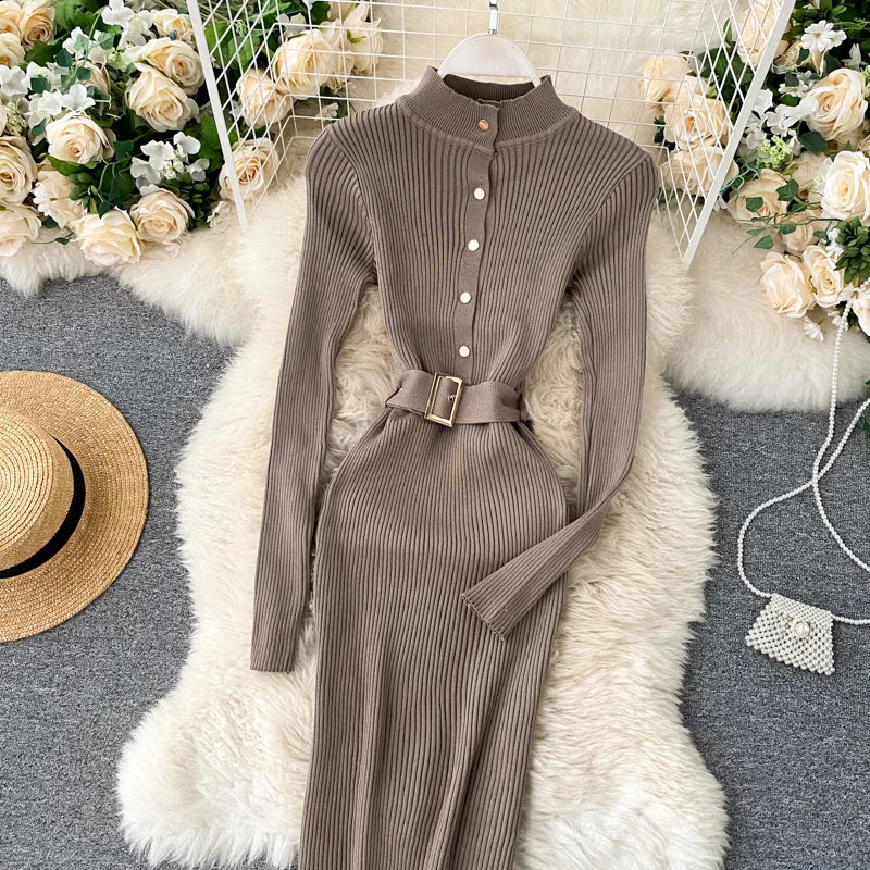 Womens Winter Knitted Dress Stand Collar With Sash Belt