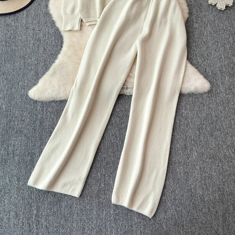 Knitted V-Neck Sweater and Straight Jogging Pants Women's Tracksuit Set