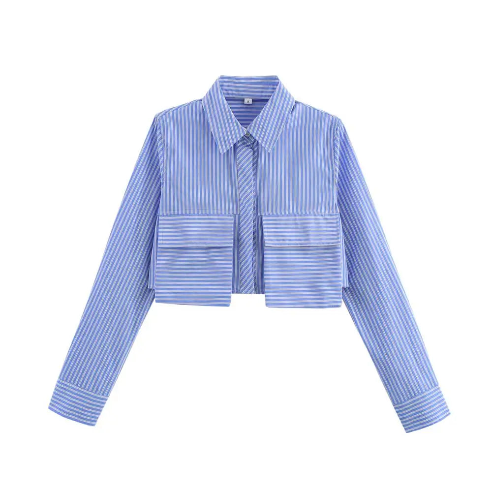 Women's Chic Striped Crop Shirt Long Sleeve Button-Up Blouse with Pockets Casual Fashion Top