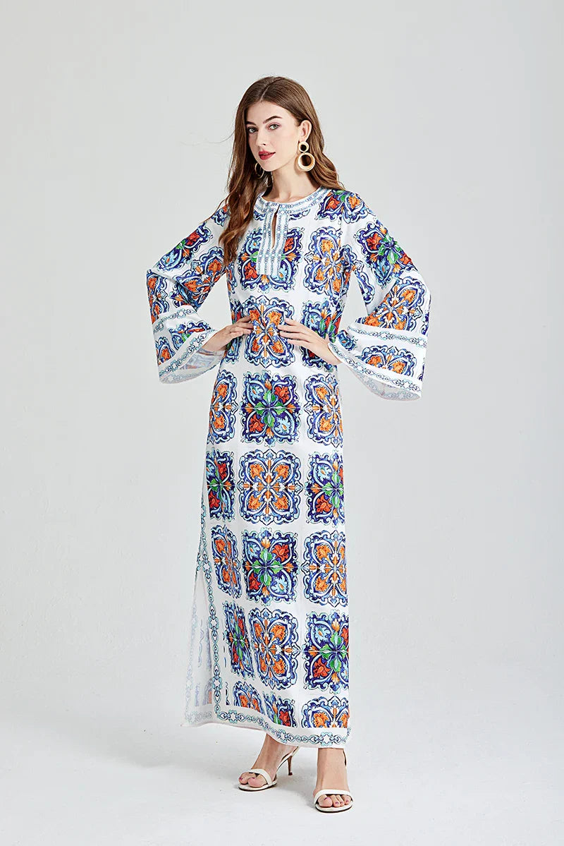 Bohemian Maxi Dress Floral Print Long Sleeve O Neck