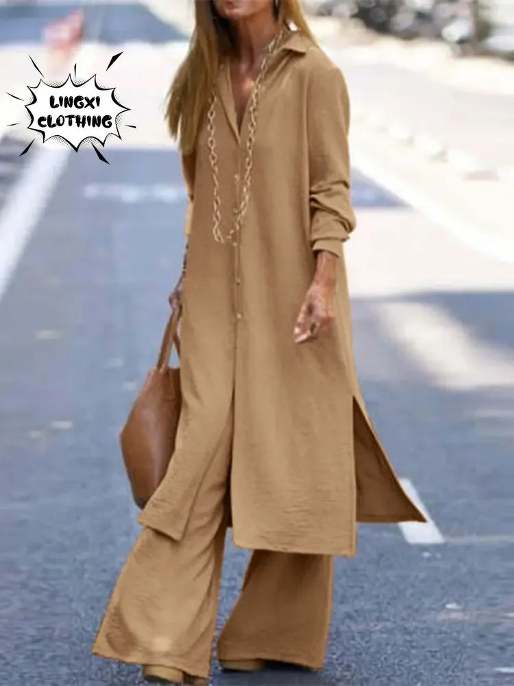 Elegant Women's Long Robe and Wide Leg Pants Two-Piece Set in Solid Color