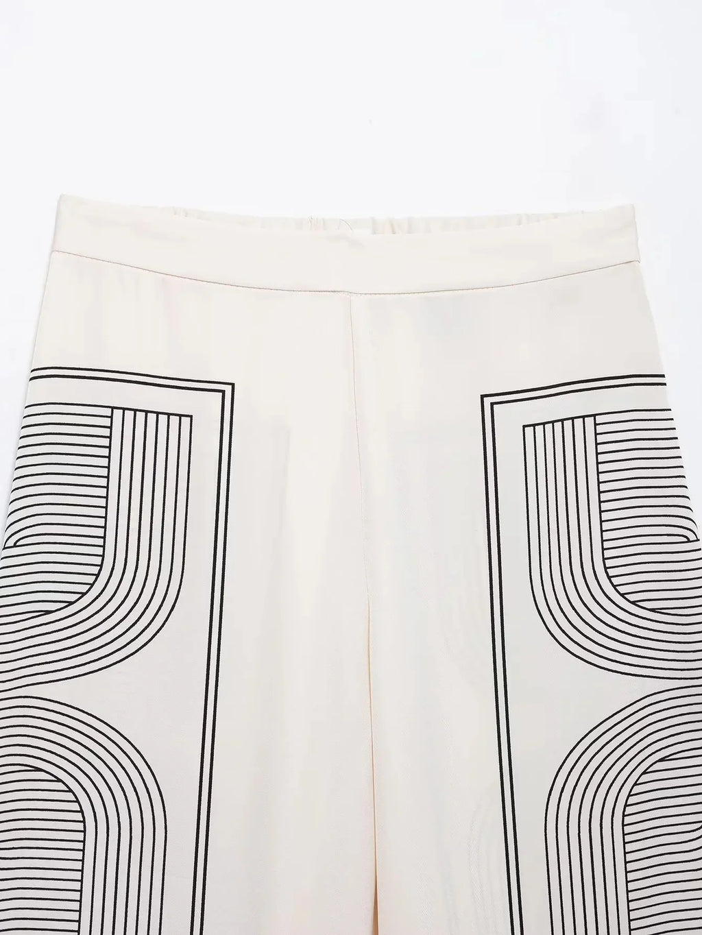 Stylish Women's Suit Set with Long Sleeve Shirt and Wide Leg Pants in Creamy Base and Geometric Patterns