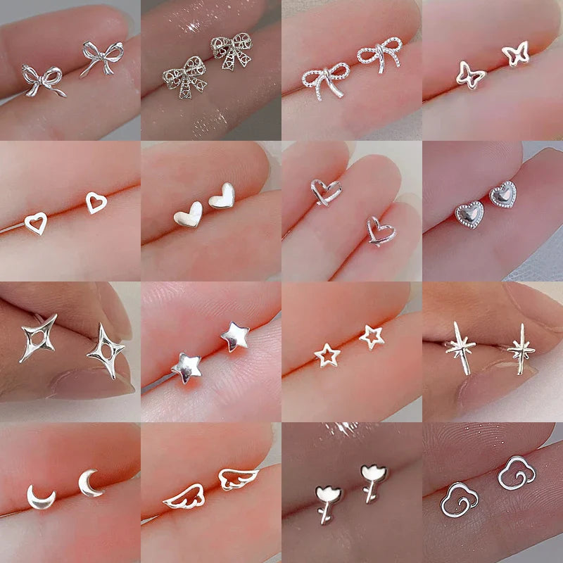 925 Silver Mini Star Heart Butterfly Stud Earrings for Women Hypoallergenic Daily Wear