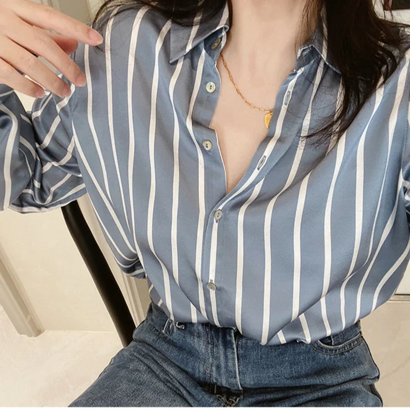 Vintage Striped Satin Women's Blouse Long Sleeve Turn-Down Collar Casual Loose Fit Shirt for Spring and Autumn