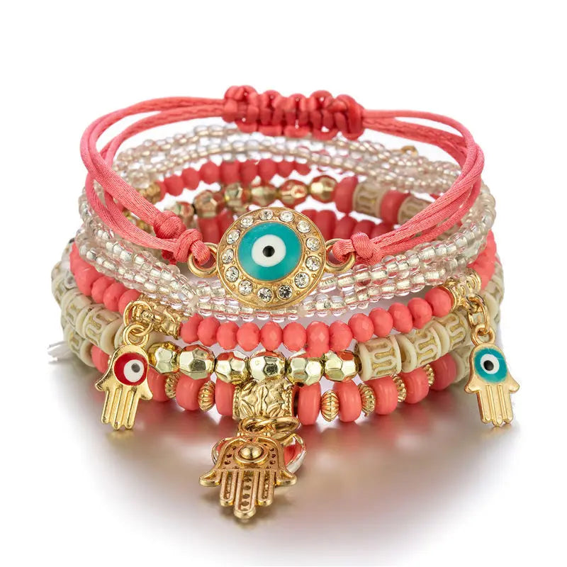 6 Pieces Bohemian Evil Eye Bracelet Set with Fatima Hand Heart Charm Beaded Rope Chain Bangles for Women