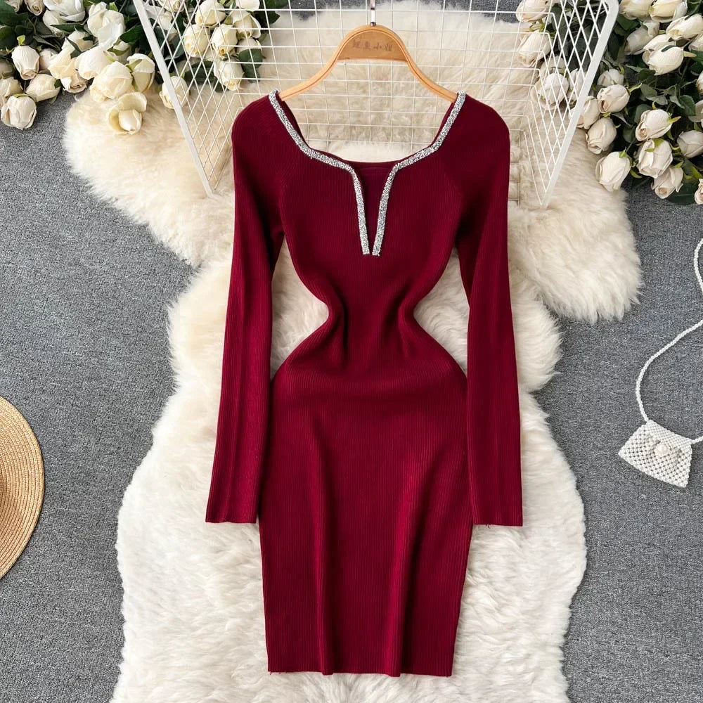 Knit Bodycon Dress For Women Long Sleeve Winter Sweater