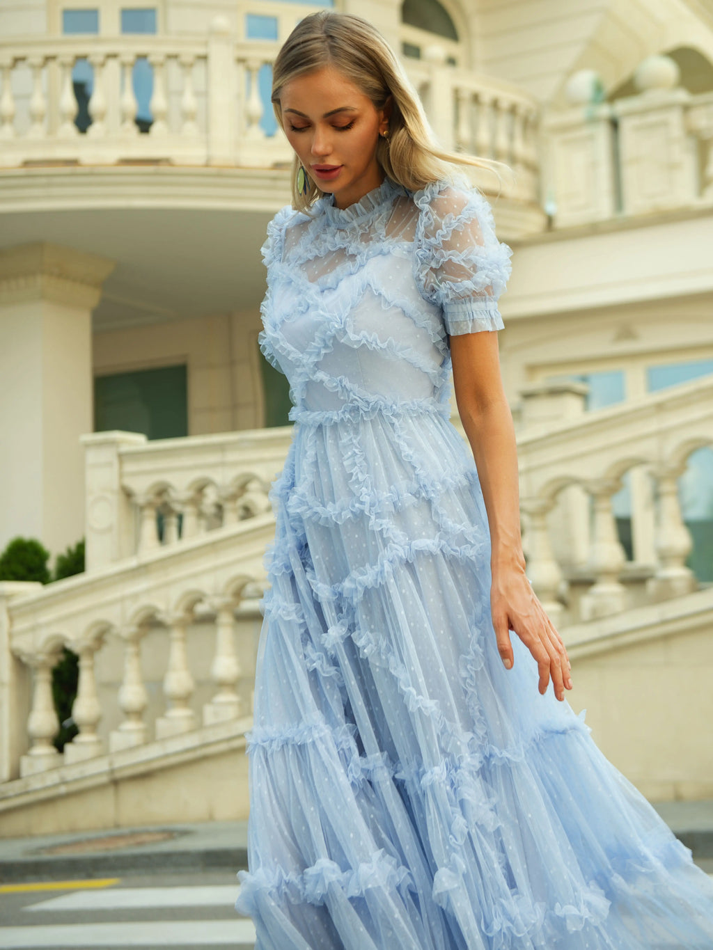 Elegant Ruffle Lace Maxi Dress for Evening Purple White Silk