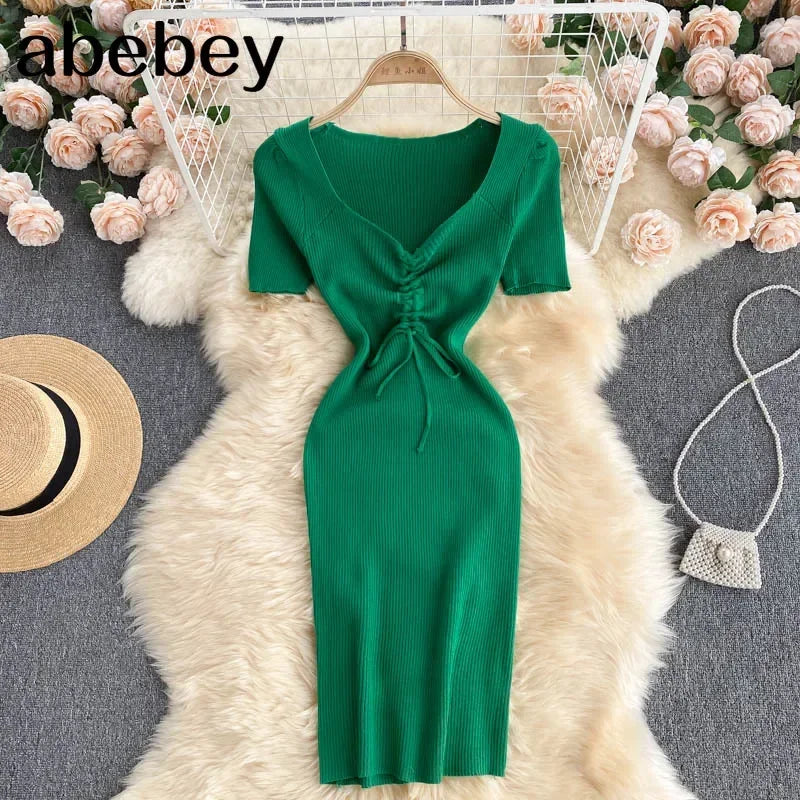 Korean Knit Bodycon Dress V Neck Drawstring Short Sleeves