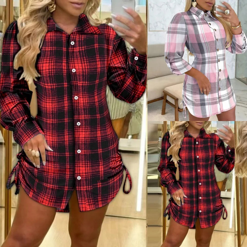 Plaid Shirt Dress With Shirred Back And Roll Tab Sleeves