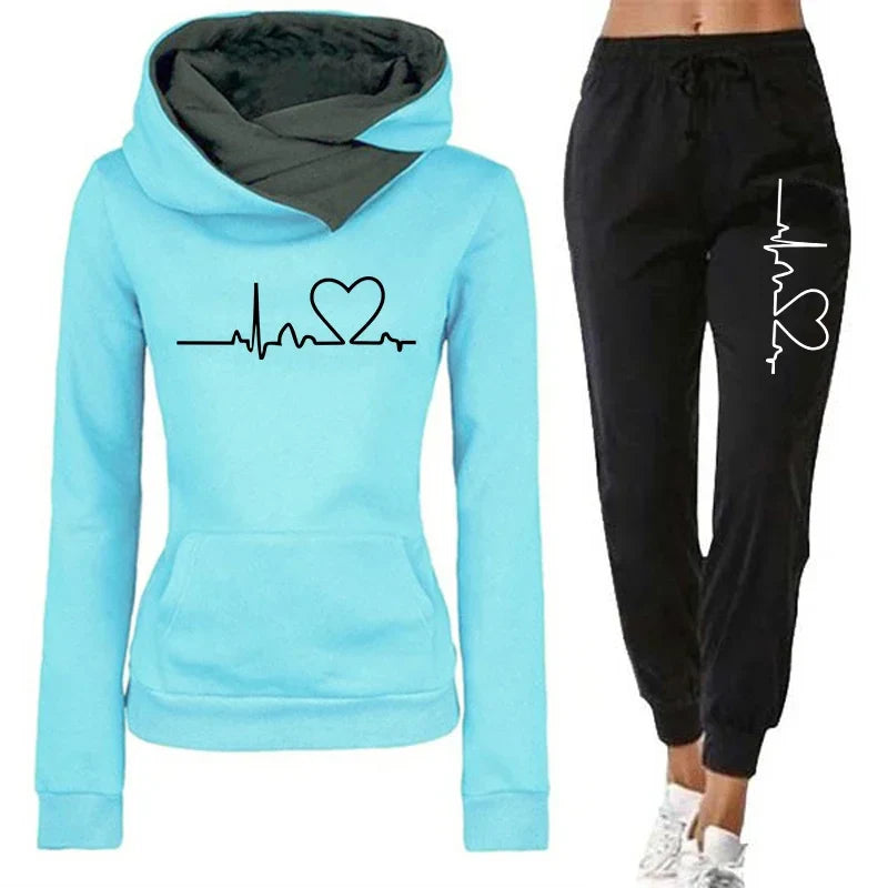 Womens Casual Tracksuit Set with Double Neck Hooded Sweatshirt and Heart Print Sweatpants for Autumn and Winter