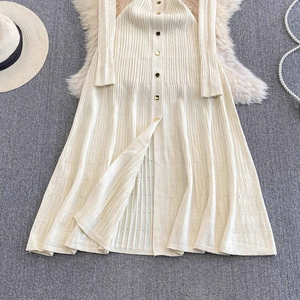 Knitted Sweater Dress With Embroidery Pocket Long Sleeve