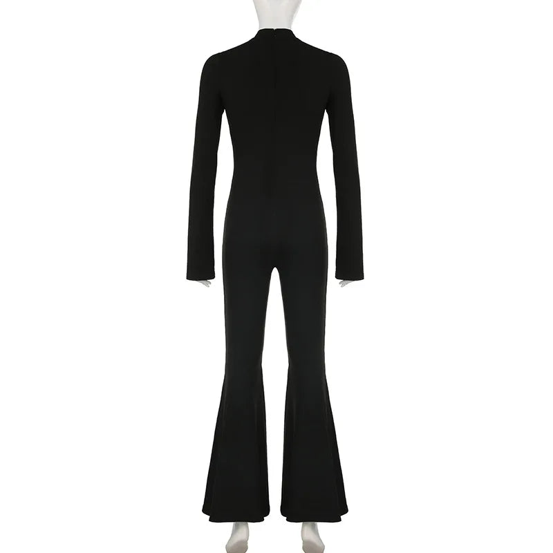 Slim Fit Hollow Out Long Sleeve Semi High Neck Jumpsuit with Elastic Waist Solid Color Women's Slim Pants Y2K Inspired Bottoms