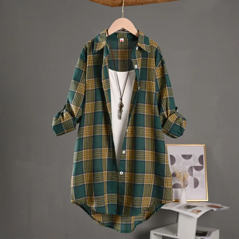 Women's Lightweight Cotton Linen Plaid Shirt Mid-Length Loose Jacket with Sun Protection for Spring and Summer Outerwear