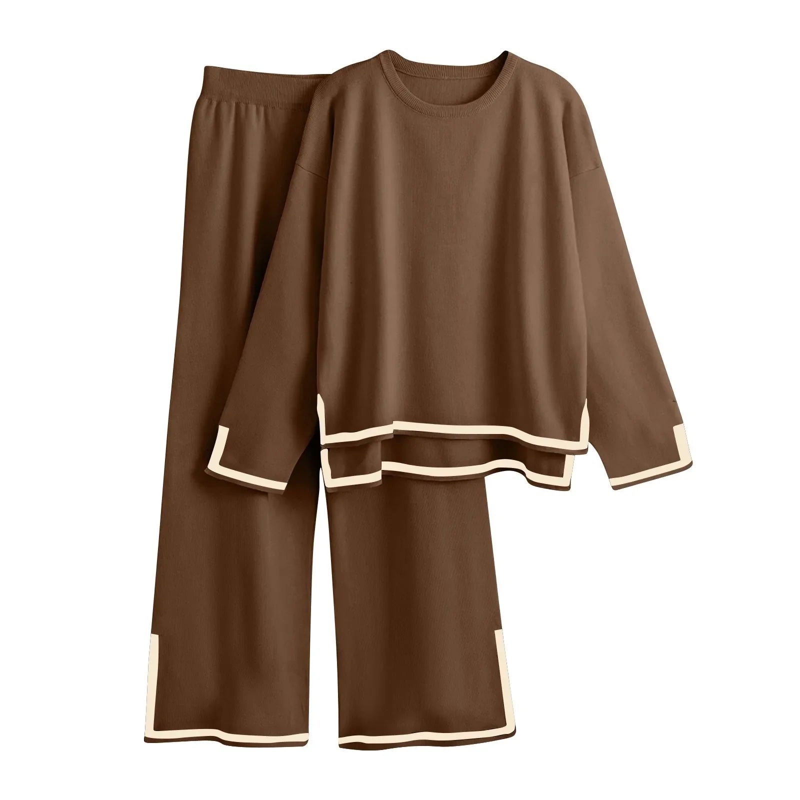Knitted Women's Casual Two Piece Set with Long Sleeve Sweater and Wide Leg Pants for Comfortable Homewear