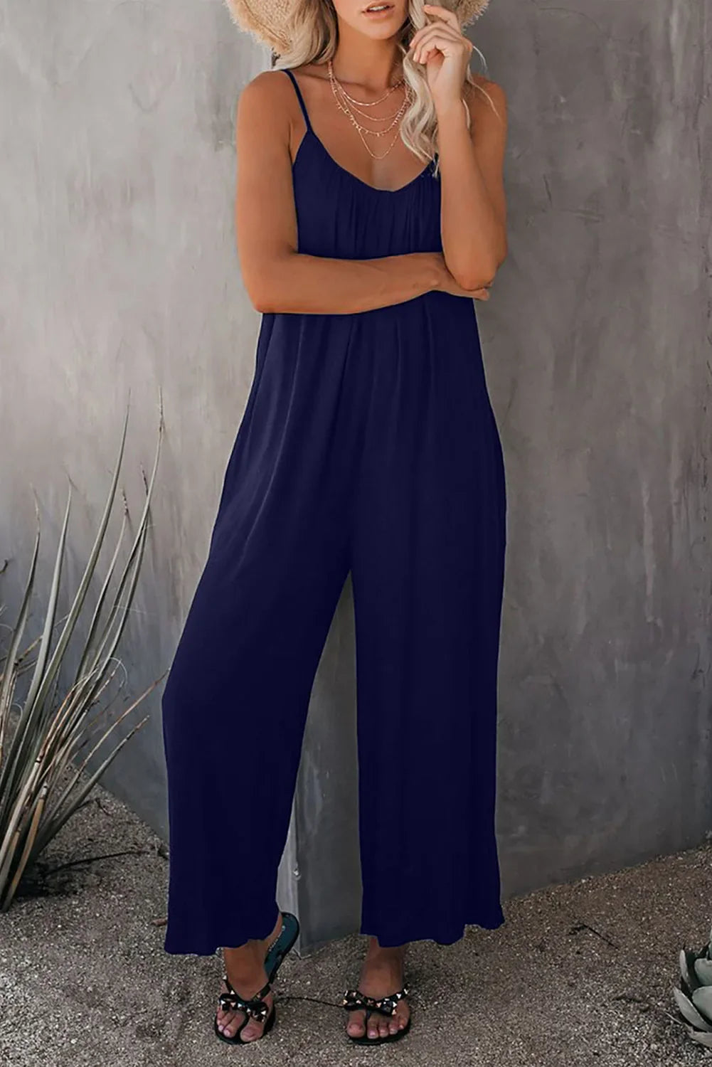 Women's Summer Strap Jumpsuit with Solid Color Design and Convenient Side Pockets Casual Lightweight Romper