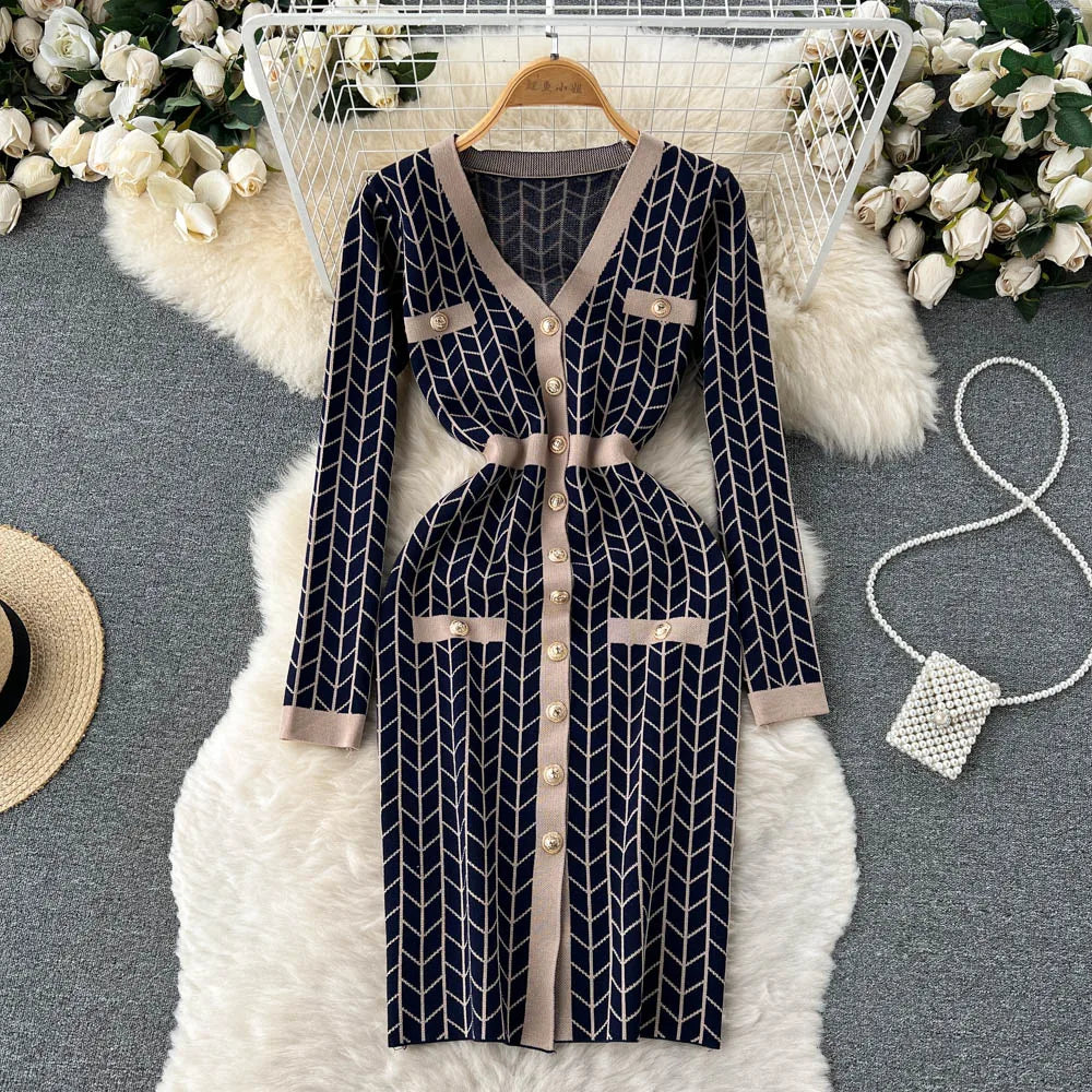 Autumn Plaid Knit Dress Women V Neck Elastic Waist Midi