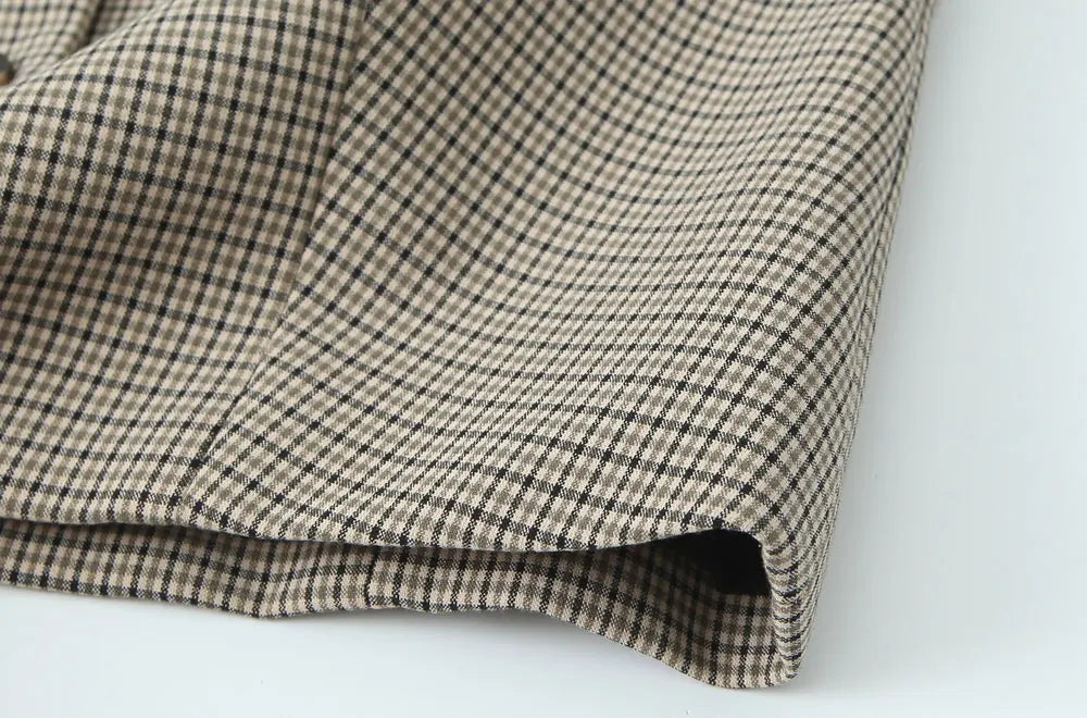 Women's Fashion Button-Up Check Waistcoat With High Waist Belted Straight Pants Two Piece Set