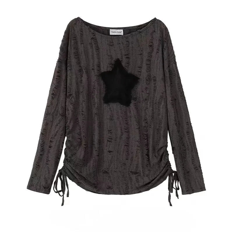 Grunge Star Print T-Shirt for Women in Y2K Aesthetic Style with Ripped Design and Loose Fit for Kpop Fairycore and Gothic Streetwear