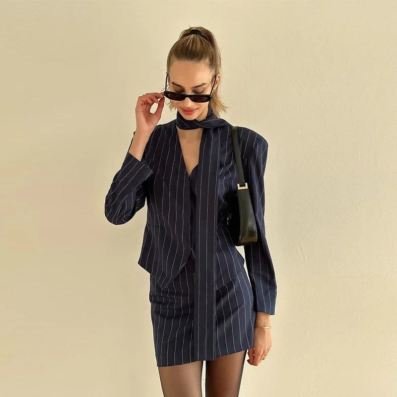 Women's Street Striped Blazer and Skirt Set Slim V-Neck Single Breasted Coat with Ribbon Accent Hip-Hugging Package Skirt Chic Spring Summer Outfit